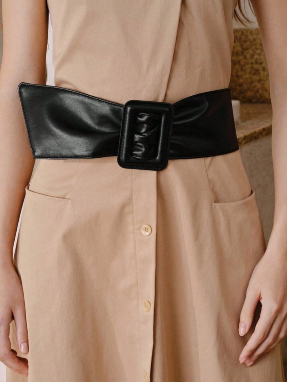 Black Wide Waist Belt with Oversized Square Buckle